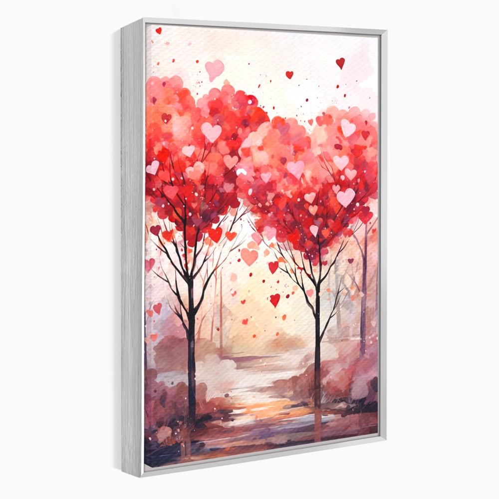 Tablou canvas cu tablou canvas cu doi copaci in forma de inimi, in rama de aluminiu argintiu